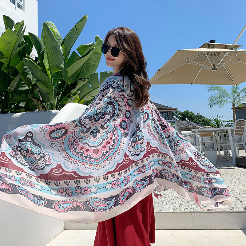 Summer Cotton and Linen Ethnic Style Beach Towel Women's New Sun Shade Vacation Sun Protection Air-Conditioner Shawl Travel Printed Scarf