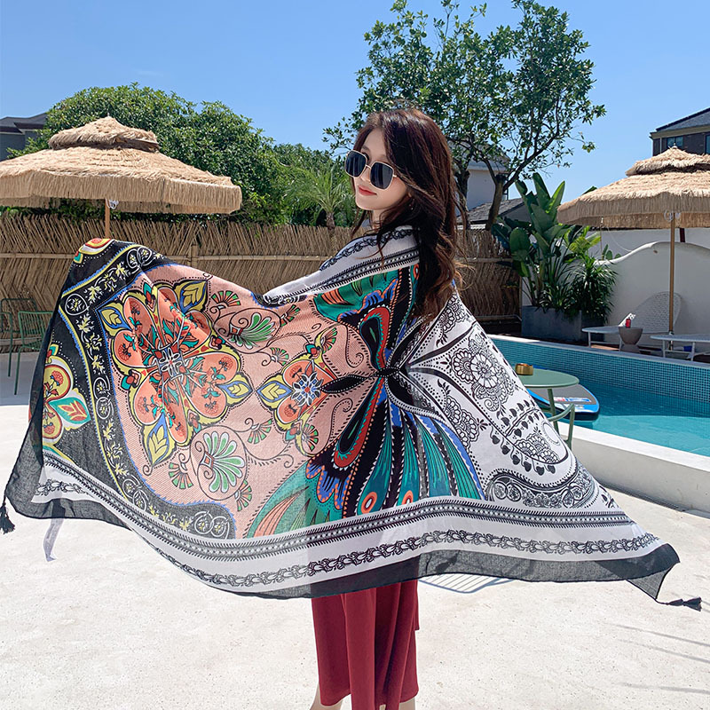 Summer Cotton and Linen Ethnic Style Beach Towel Women's New Sun Shade Vacation Sun Protection Air-Conditioner Shawl Travel Printed Scarf