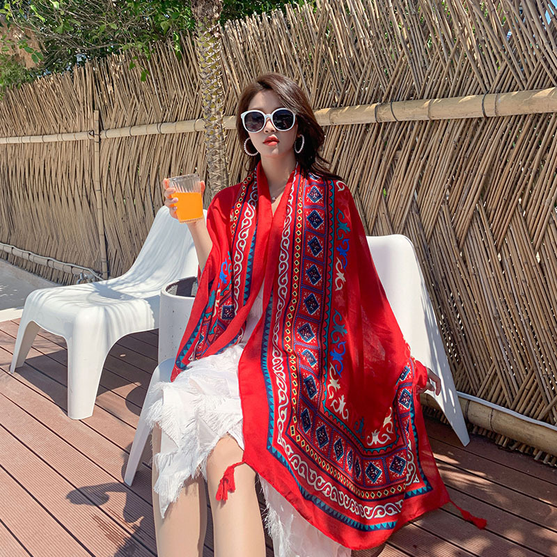 Summer Cotton and Linen Ethnic Style Beach Towel Women's New Sun Shade Vacation Sun Protection Air-Conditioner Shawl Travel Printed Scarf