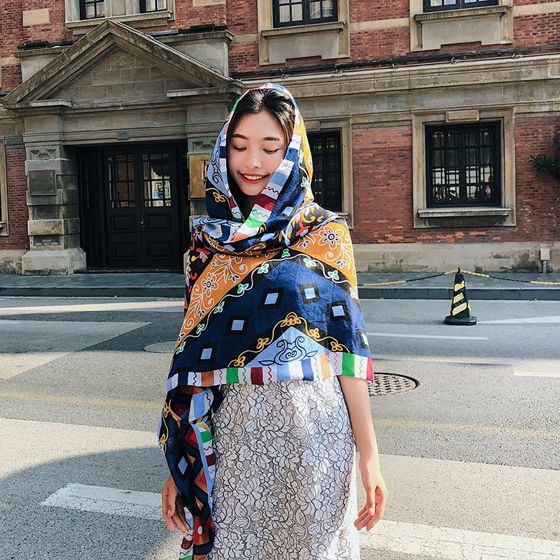 Summer Cotton and Linen Ethnic Style Beach Towel Women's New Sun Shade Vacation Sun Protection Air-Conditioner Shawl Travel Printed Scarf