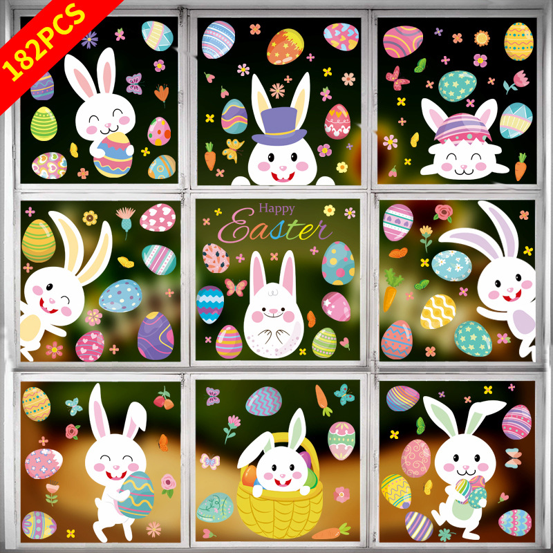 2022 Amazon Cross-Border Easter Wall Stickers Cartoon Cute Rabbit Colorful Eggs Shopping Window Glass Electrostatic Sticker