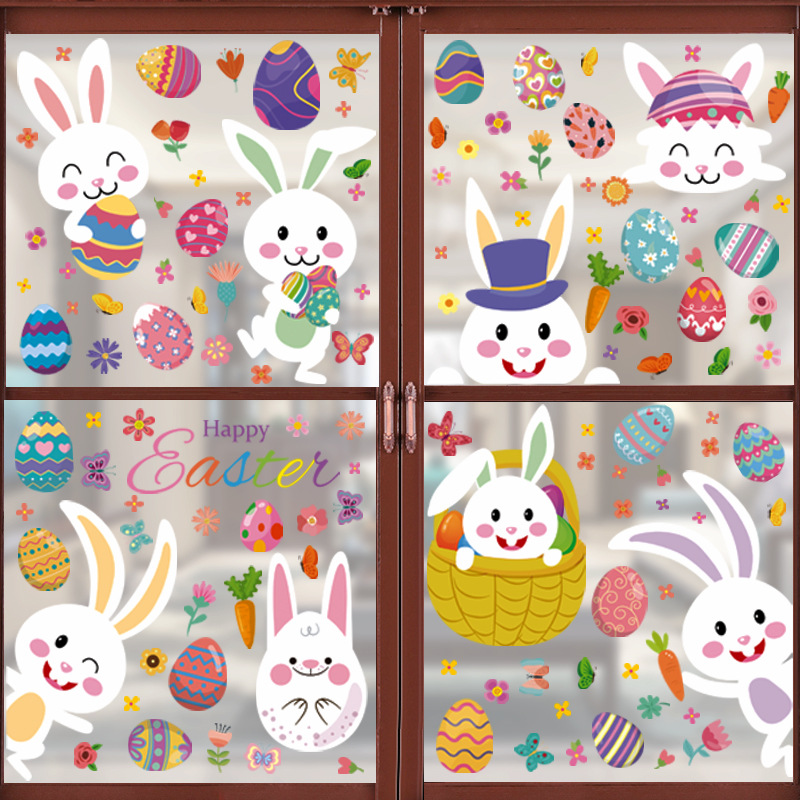 2022 Amazon Cross-Border Easter Wall Stickers Cartoon Cute Rabbit Colorful Eggs Shopping Window Glass Electrostatic Sticker