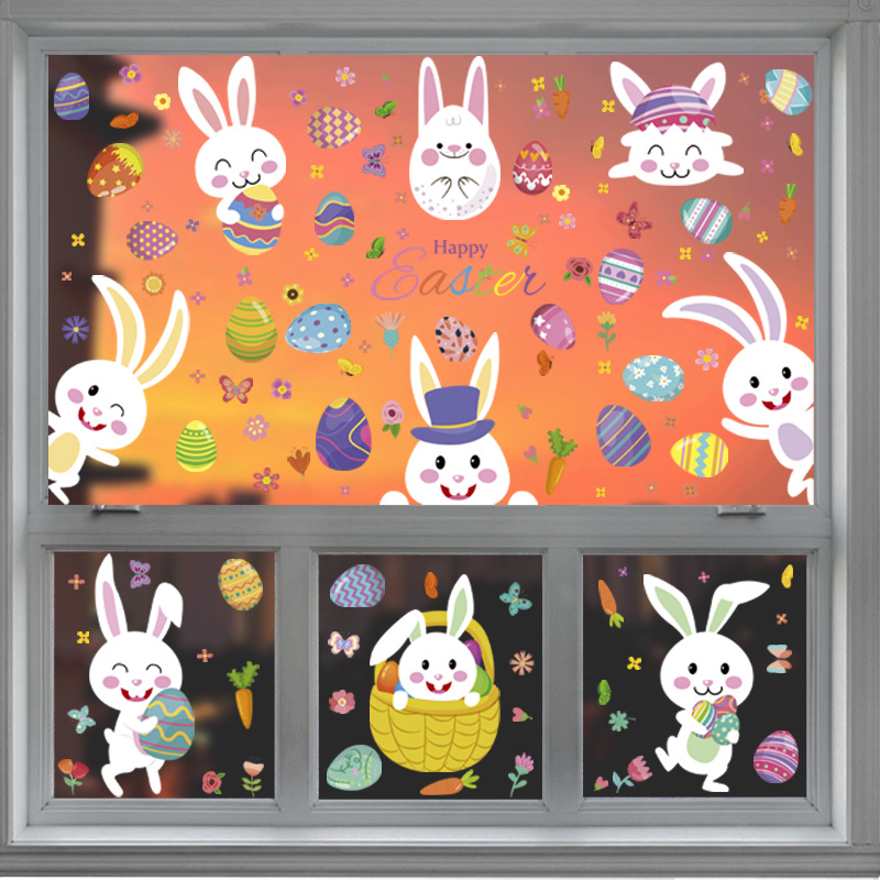 2022 Amazon Cross-Border Easter Wall Stickers Cartoon Cute Rabbit Colorful Eggs Shopping Window Glass Electrostatic Sticker