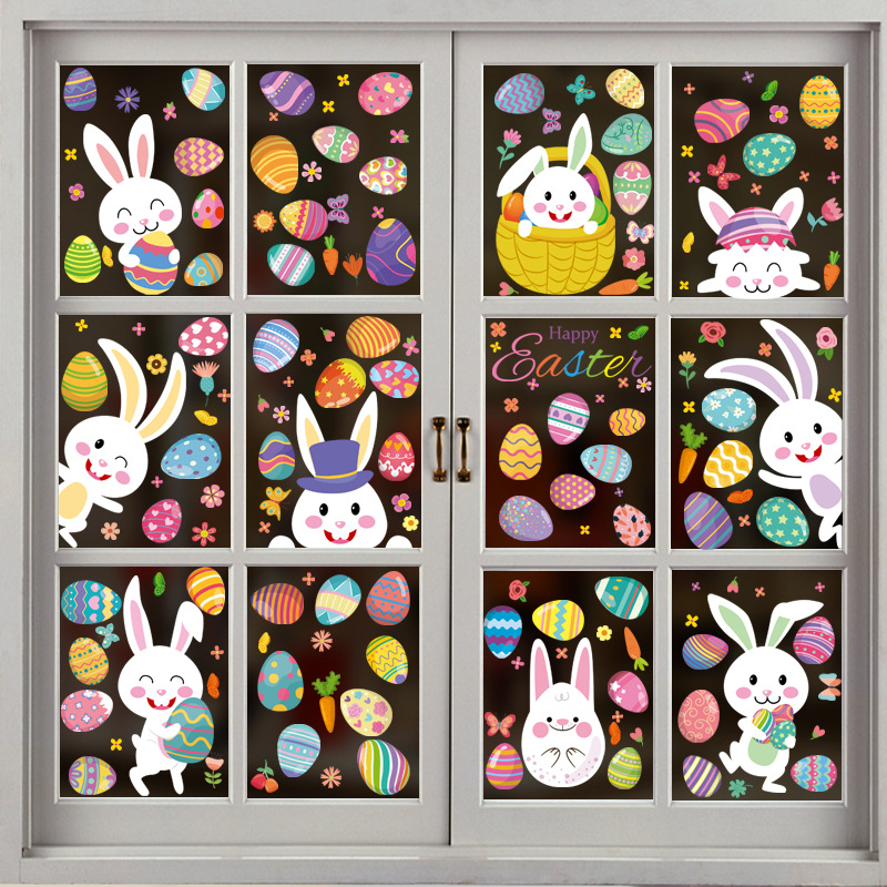 2022 Amazon Cross-Border Easter Wall Stickers Cartoon Cute Rabbit Colorful Eggs Shopping Window Glass Electrostatic Sticker