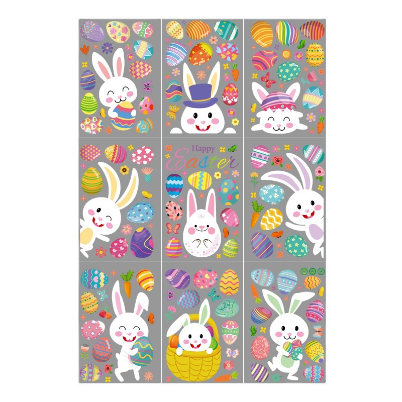 2022 Amazon Cross-Border Easter Wall Stickers Cartoon Cute Rabbit Colorful Eggs Shopping Window Glass Electrostatic Sticker