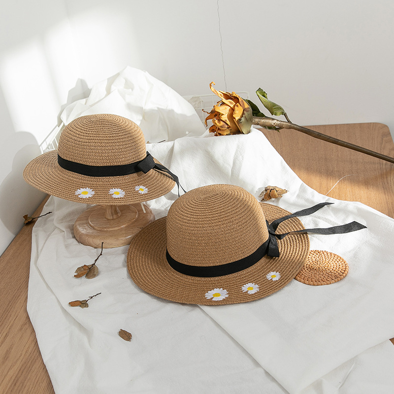 Summer Korean Style Outdoor Travel Parent-Child Big Brim Embroidered Small Chrysanthemum Bow Foldable Sun Protection Sun Shade Straw Hat for Women