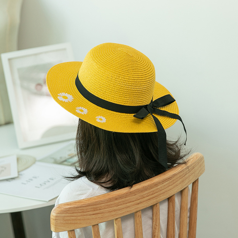 Summer Korean Style Outdoor Travel Parent-Child Big Brim Embroidered Small Chrysanthemum Bow Foldable Sun Protection Sun Shade Straw Hat for Women