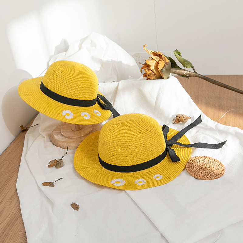Summer Korean Style Outdoor Travel Parent-Child Big Brim Embroidered Small Chrysanthemum Bow Foldable Sun Protection Sun Shade Straw Hat for Women