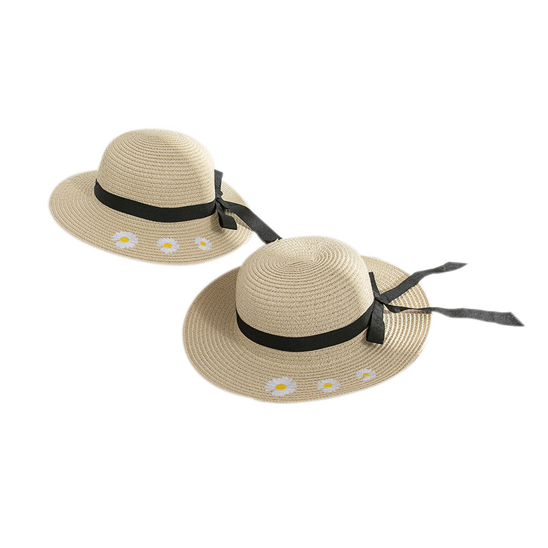 Summer Korean Style Outdoor Travel Parent-Child Big Brim Embroidered Small Chrysanthemum Bow Foldable Sun Protection Sun Shade Straw Hat for Women