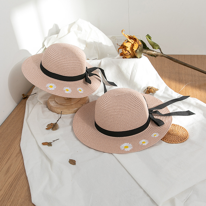 Summer Korean Style Outdoor Travel Parent-Child Big Brim Embroidered Small Chrysanthemum Bow Foldable Sun Protection Sun Shade Straw Hat for Women