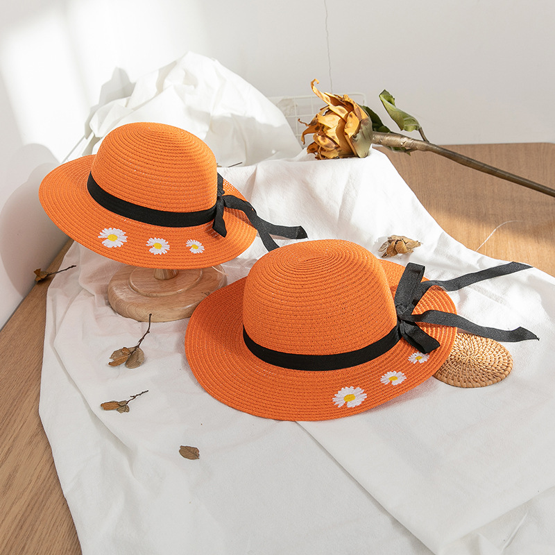 Summer Korean Style Outdoor Travel Parent-Child Big Brim Embroidered Small Chrysanthemum Bow Foldable Sun Protection Sun Shade Straw Hat for Women