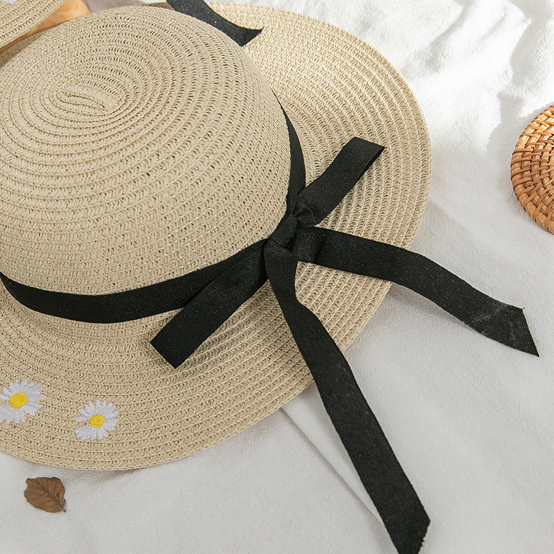 Summer Korean Style Outdoor Travel Parent-Child Big Brim Embroidered Small Chrysanthemum Bow Foldable Sun Protection Sun Shade Straw Hat for Women