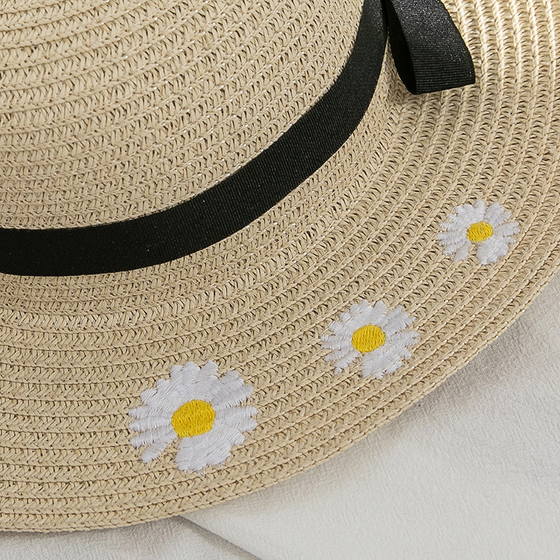 Summer Korean Style Outdoor Travel Parent-Child Big Brim Embroidered Small Chrysanthemum Bow Foldable Sun Protection Sun Shade Straw Hat for Women