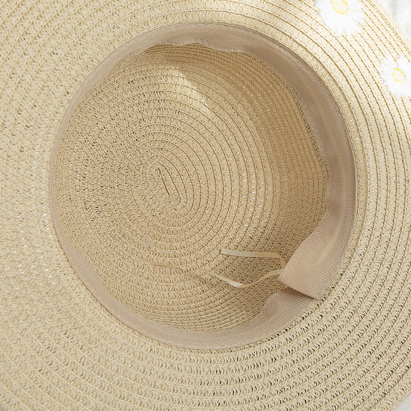 Summer Korean Style Outdoor Travel Parent-Child Big Brim Embroidered Small Chrysanthemum Bow Foldable Sun Protection Sun Shade Straw Hat for Women