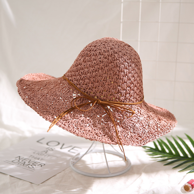 Straw Hat Female Summer Sun Hat Big Brim Foldable Lace up Sun Shade Outing Beach Hat Bow Casual Sun Hat