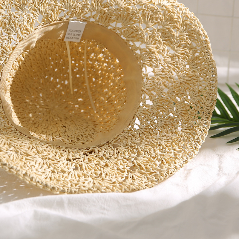Straw Hat Female Summer Sun Hat Big Brim Foldable Lace up Sun Shade Outing Beach Hat Bow Casual Sun Hat