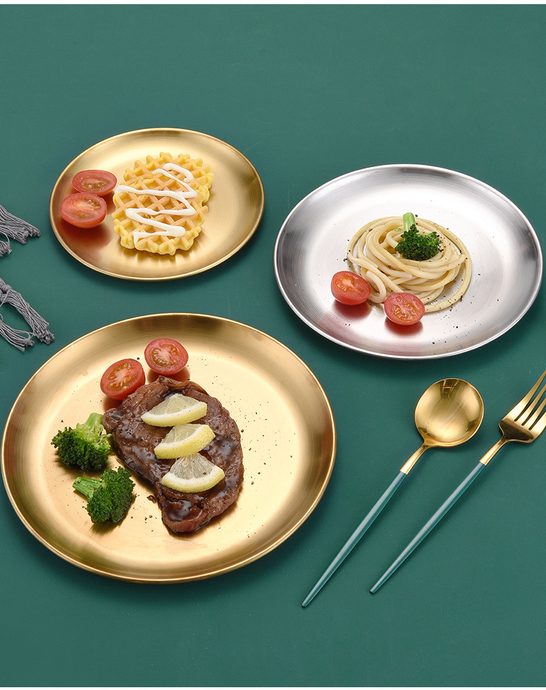 Korean Style Stainless Steel Plate Disc Barbecue Plate Cake Plate Western Cuisine Plate Bone Dish Dish Brushed Gold Plated Color Palette Thickened Korean Style Stainless Steel Plate Disc Barbecue Plate Cake Plate Western Cuisine Plate Bone Dish Dish Brushed Gold Plated Color Palette Thickened