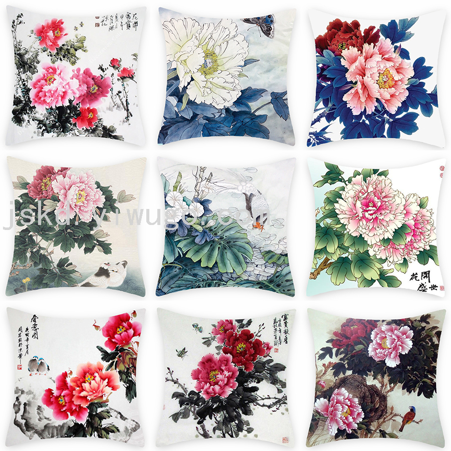Chinese Flower Digital Printed Pillowcase Sofa Office Chair Backrest Bedroom Bedside Cushion Back Seat Cushion