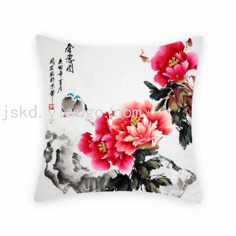 Chinese Flower Digital Printed Pillowcase Sofa Office Chair Backrest Bedroom Bedside Cushion Back Seat Cushion