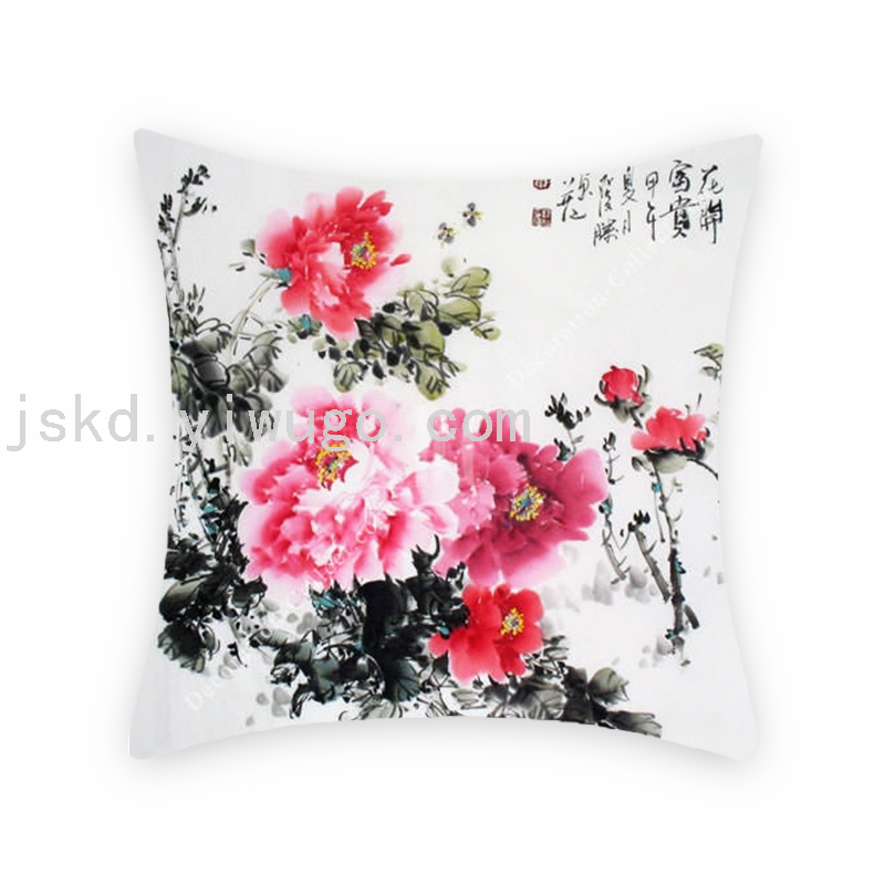 Chinese Flower Digital Printed Pillowcase Sofa Office Chair Backrest Bedroom Bedside Cushion Back Seat Cushion