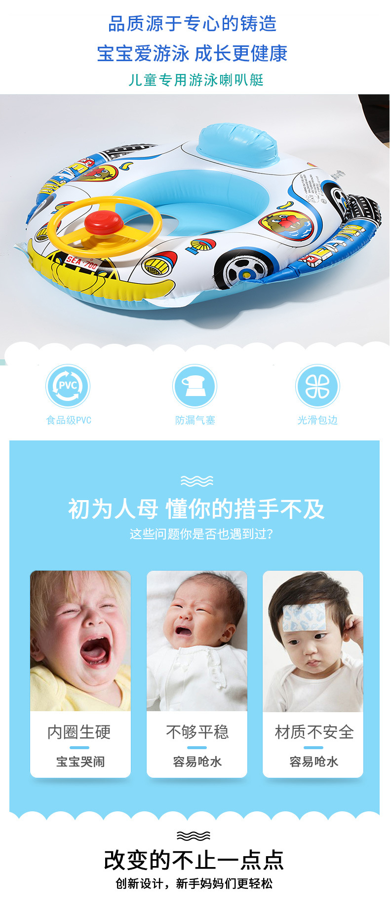 Cross-Border Thickened Children's Steering Wheel Car Horn Boat Swim Ring Baby Inflatable Float Tour Swim Ring-Seat Boat