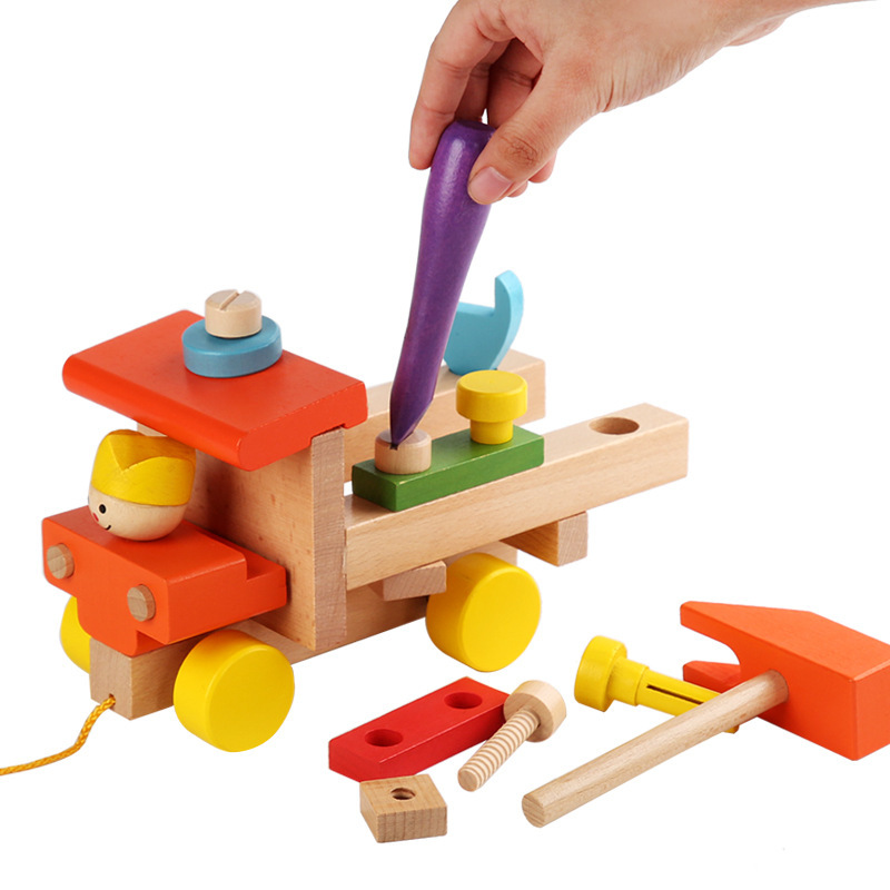 Children &#039;S Wooden Detachable Colorful Screw Car Intelligence Assembly Nut Combination Early Education Educational Toys Wholesale