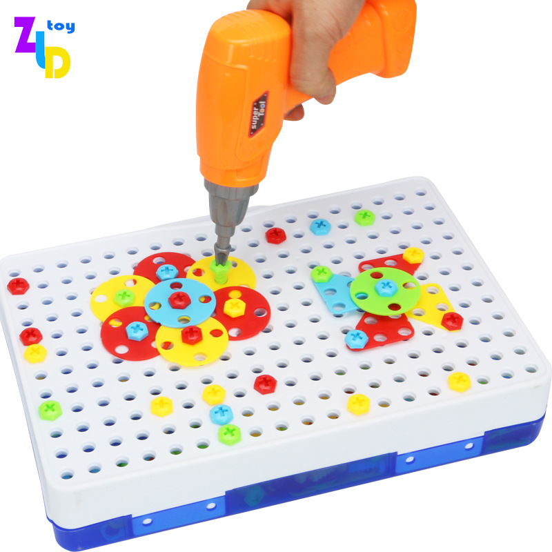 Children&#039;s Electric Drill Assembling Building Blocks Screw Toolbox Nut Assembly and Disassembly Educational Jigsaw Puzzle Cross-Border Hot Sale
