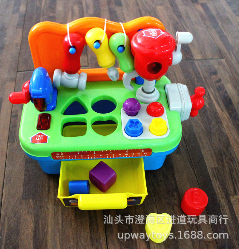 Play House Toy Children&#039;s Multi-Function Tool Table with Sound Light Interactive Nut Screw Drill Building Blocks