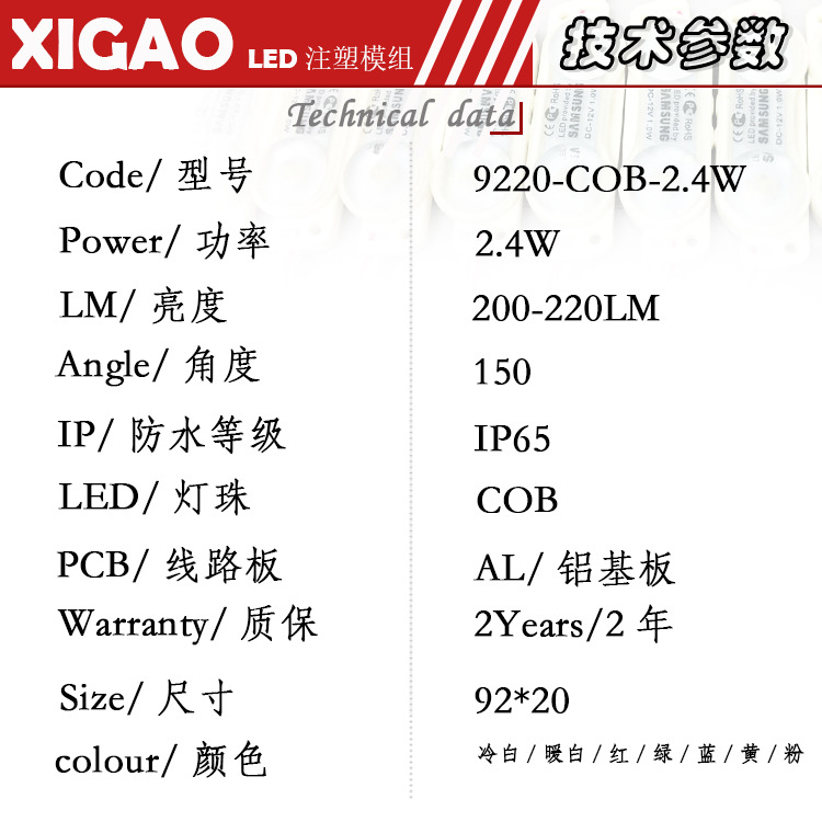 LED injection module manufacturer hot selling COB 2.4W 12V colorful lens for advertising sign motorcycle car light 