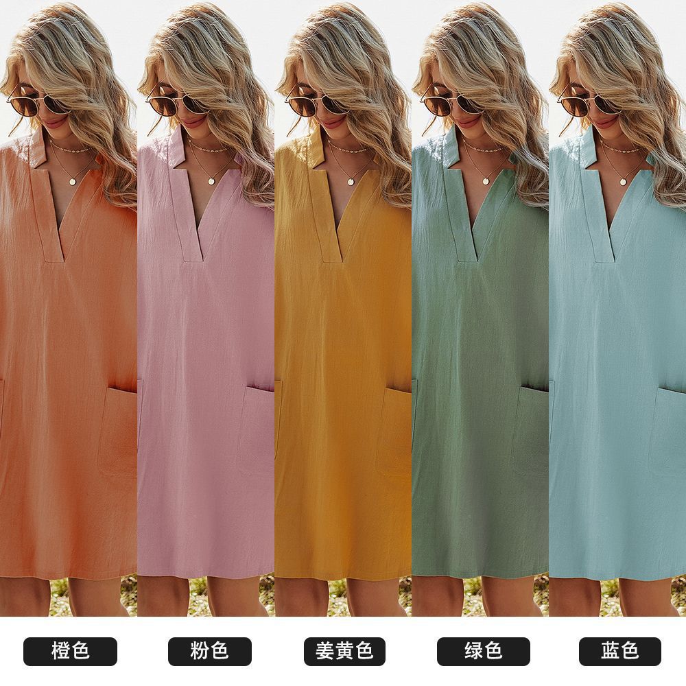 2021 New Cross-Border European and American Women's Clothing Solid Color and V-neck Fork Waist A- line Skirt Bag Casual Loose Short Sleeves Dress for Women 2021 New Cross-Border European and American Women's Clothing Solid Color and V-neck Fork Waist A- line Skirt Bag Casual Loose Short Sleeves Dress for Women