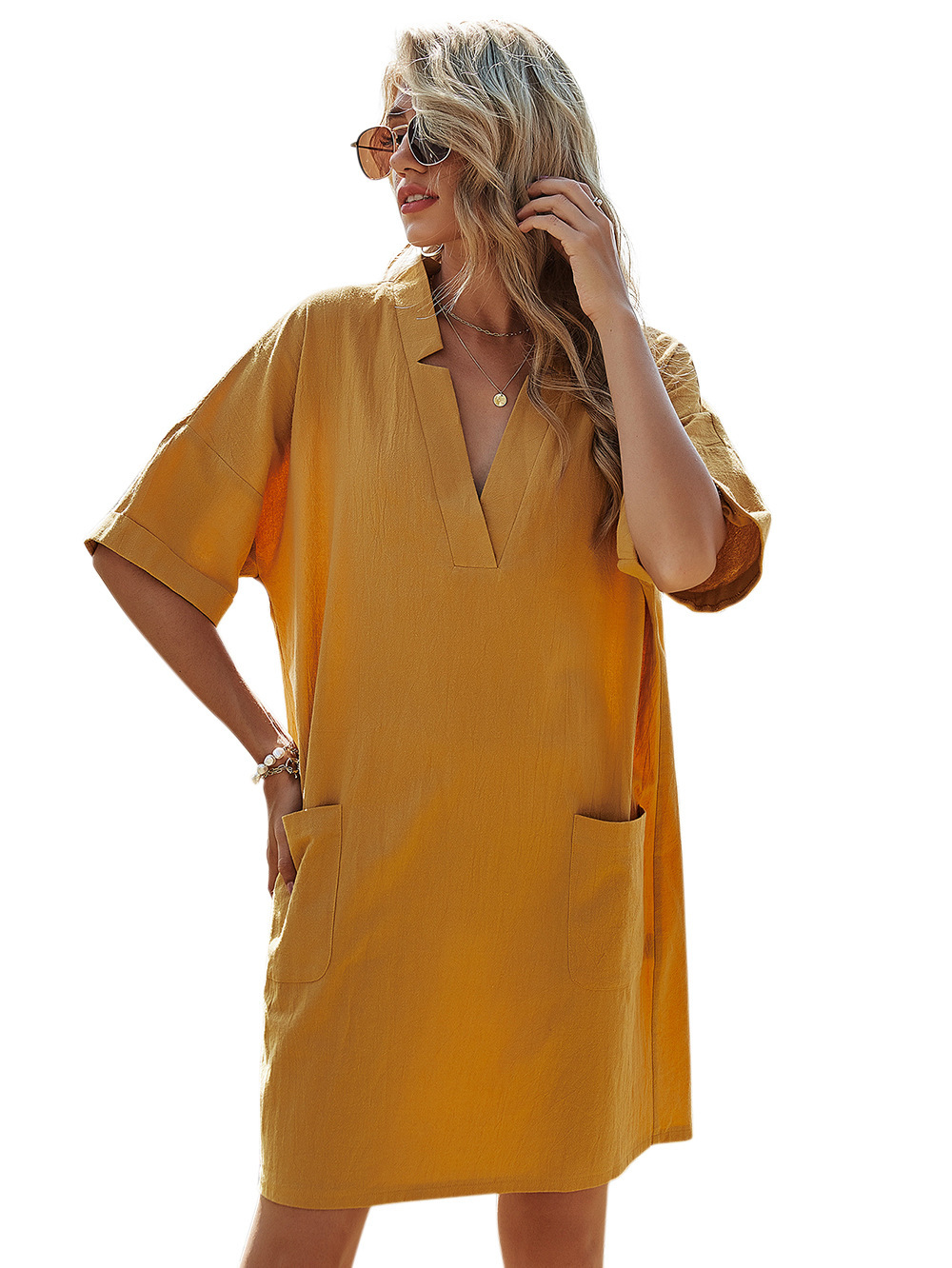 2021 New Cross-Border European and American Women's Clothing Solid Color and V-neck Fork Waist A- line Skirt Bag Casual Loose Short Sleeves Dress for Women 2021 New Cross-Border European and American Women's Clothing Solid Color and V-neck Fork Waist A- line Skirt Bag Casual Loose Short Sleeves Dress for Women