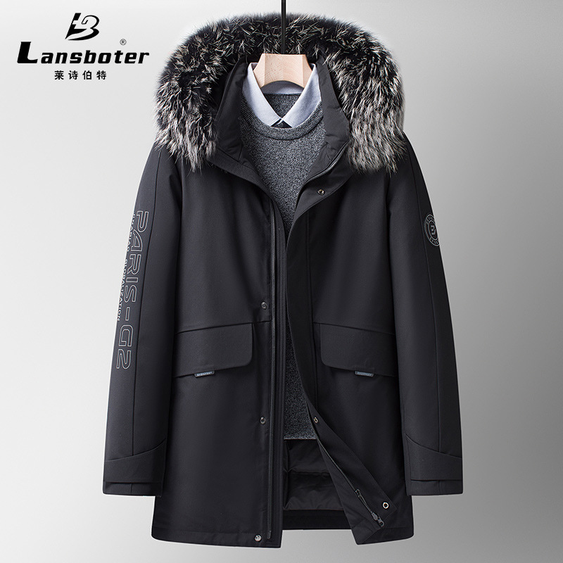 Lansboter Men&#039;s down Jacket Winter New Silver Fox Fur Collar Thickened Outdoor Cold-Proof Mid-Length down Jacket for Men