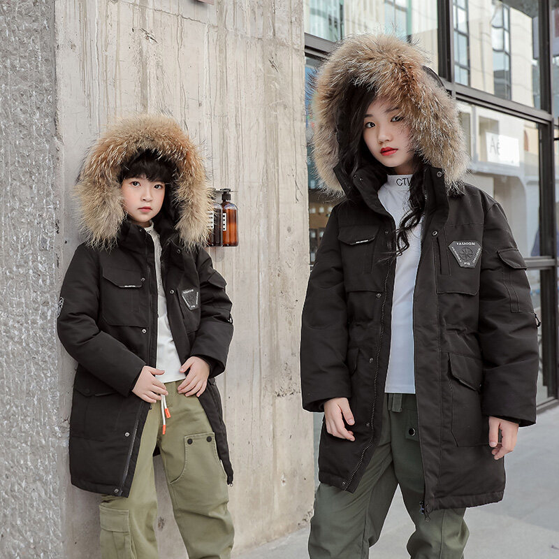 Children&#039;s down Jacket Boys&#039; Mid-Length Older Children&#039;s New Outdoor Work Clothes Fake Fur Collar