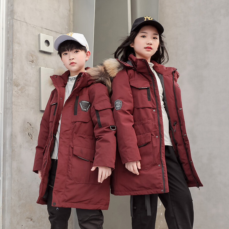 Children&#039;s down Jacket Boys&#039; Mid-Length Older Children&#039;s New Outdoor Work Clothes Fake Fur Collar