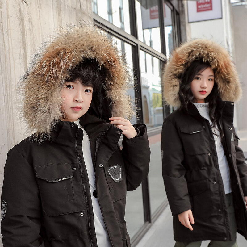 Children&#039;s down Jacket Boys&#039; Mid-Length Older Children&#039;s New Outdoor Work Clothes Fake Fur Collar