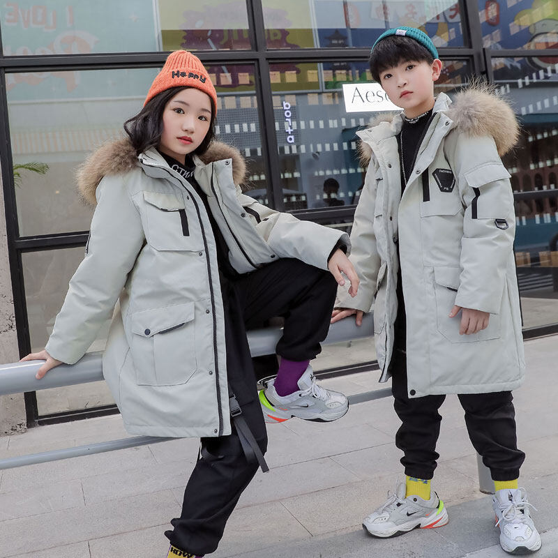 Children&#039;s down Jacket Boys&#039; Mid-Length Older Children&#039;s New Outdoor Work Clothes Fake Fur Collar