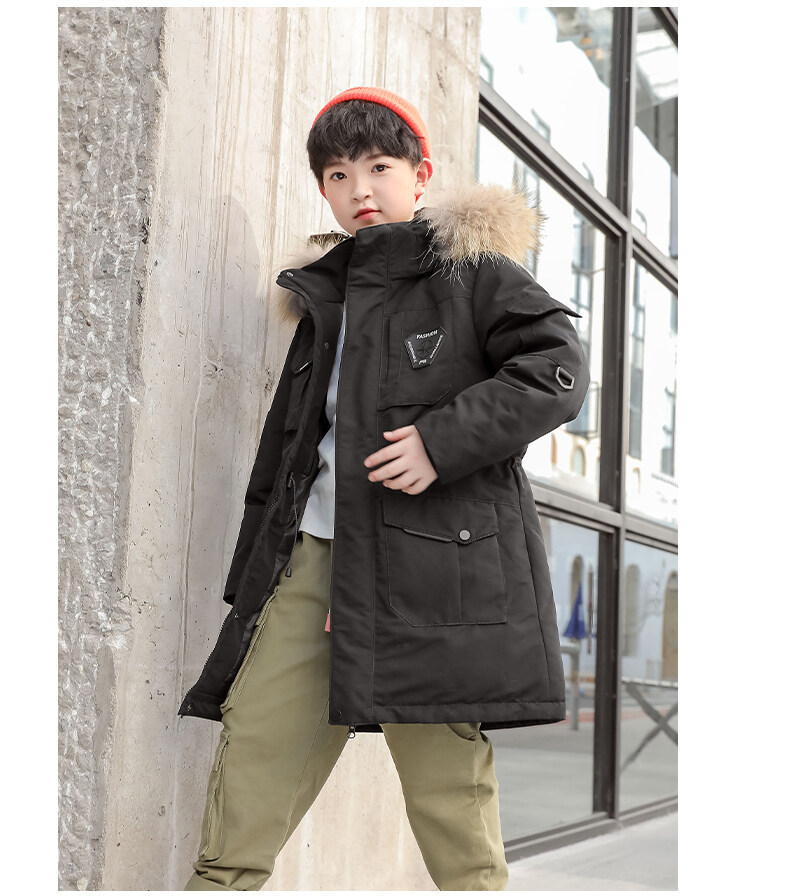 Children's down Jacket Boys' Mid-Length Older Children's New Outdoor Work Clothes Fake Fur Collar Children's down Jacket Boys' Mid-Length Older Children's New Outdoor Work Clothes Fake Fur Collar