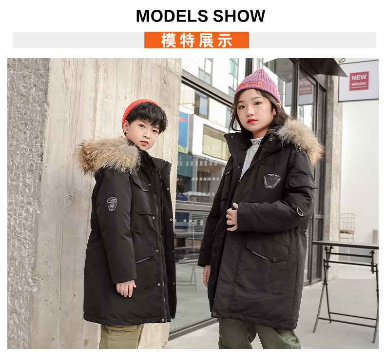 Children's down Jacket Boys' Mid-Length Older Children's New Outdoor Work Clothes Fake Fur Collar Children's down Jacket Boys' Mid-Length Older Children's New Outdoor Work Clothes Fake Fur Collar