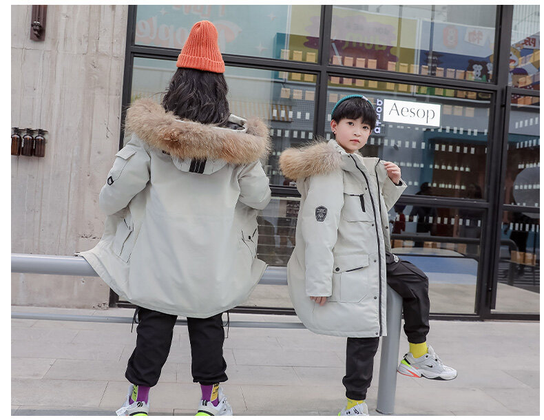 Children's down Jacket Boys' Mid-Length Older Children's New Outdoor Work Clothes Fake Fur Collar Children's down Jacket Boys' Mid-Length Older Children's New Outdoor Work Clothes Fake Fur Collar