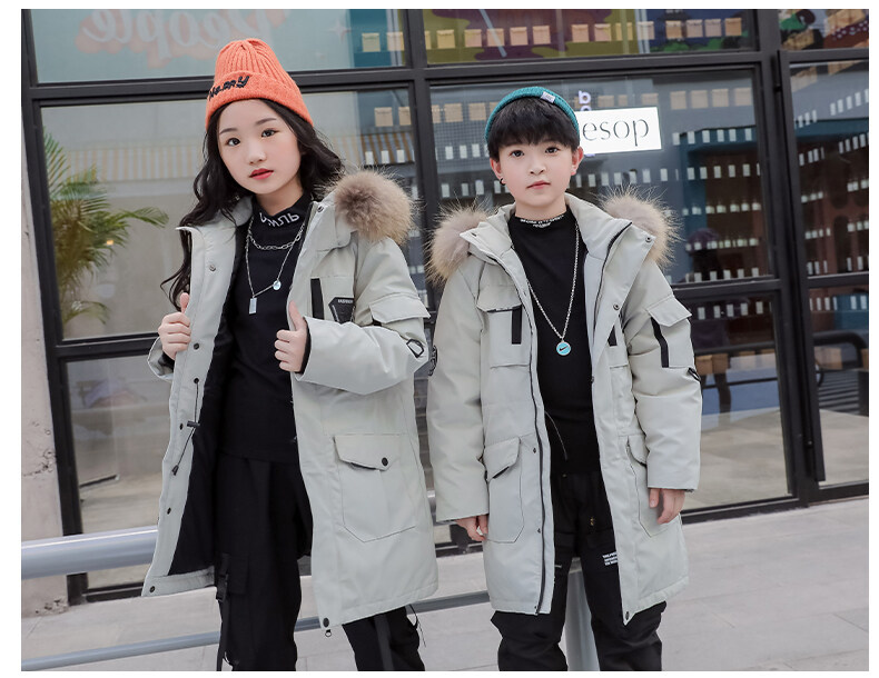 Children's down Jacket Boys' Mid-Length Older Children's New Outdoor Work Clothes Fake Fur Collar Children's down Jacket Boys' Mid-Length Older Children's New Outdoor Work Clothes Fake Fur Collar