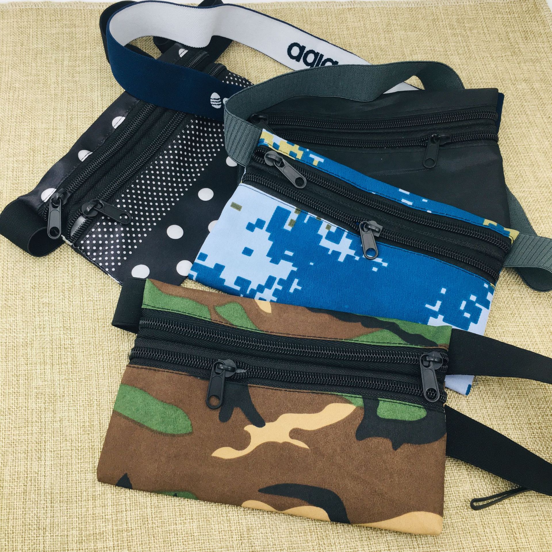 Factory Direct Sales Double Zipper Two Yuan Waist Bag Camouflage Solid Color Waist Bag Sports Men Wallet Phone Bag