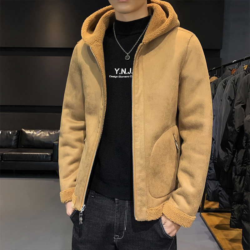 Winter Clothes Men&#039;s Lambswool Leather Jacket Warm with Velvet Casual Outdoor Sports Hooded Double-Sided Wear New Coat