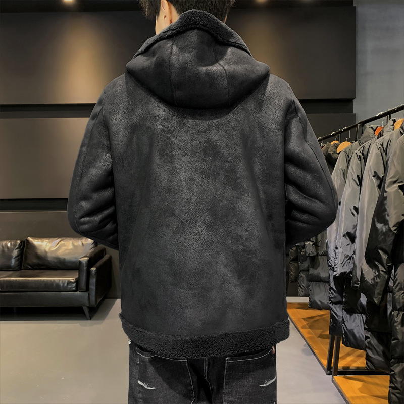 Winter Clothes Men&#039;s Lambswool Leather Jacket Warm with Velvet Casual Outdoor Sports Hooded Double-Sided Wear New Coat