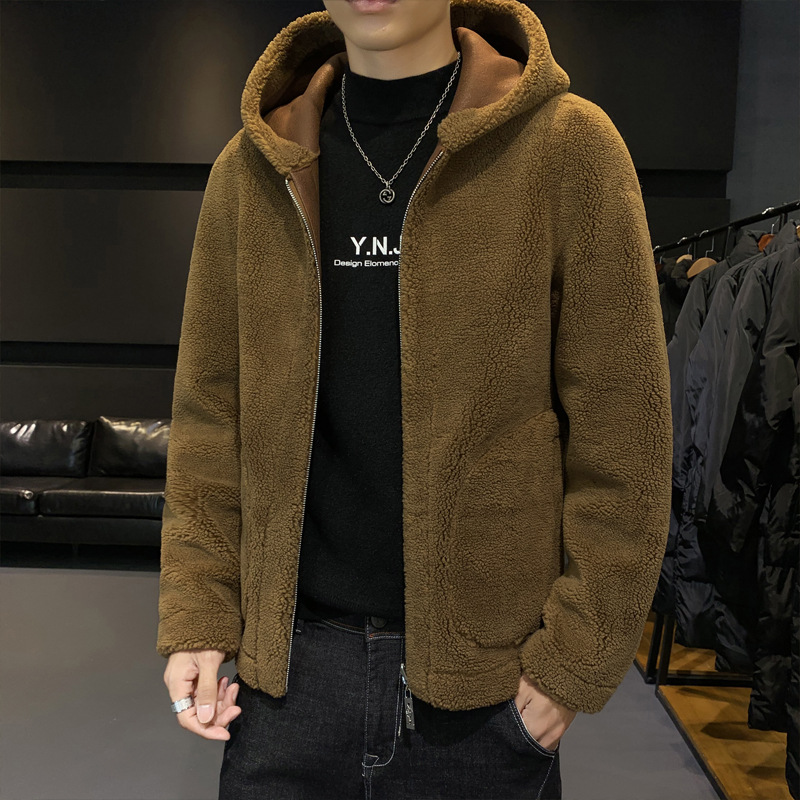 Winter Clothes Men&#039;s Lambswool Leather Jacket Warm with Velvet Casual Outdoor Sports Hooded Double-Sided Wear New Coat