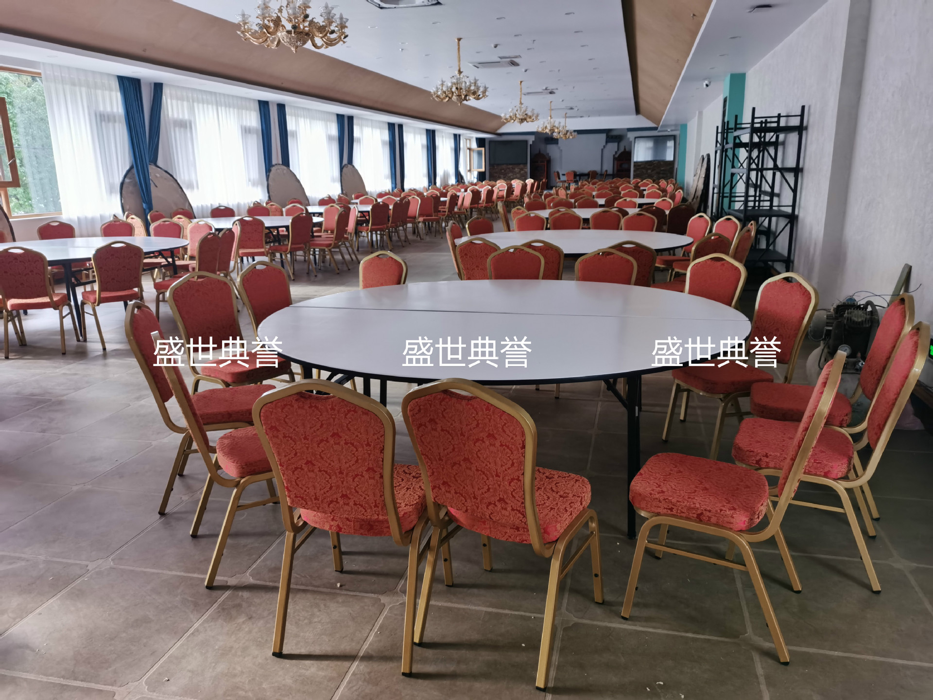 Hangzhou Banquet Center Dining Table and Chair Hotel Banquet Hall Wedding Banquet Folding Chair Conference Steel Chair