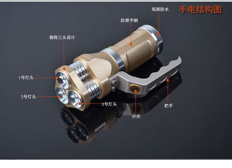 Outdoor portable searchlight 3 light source T6 strong light flashlight camping hunting flashlight