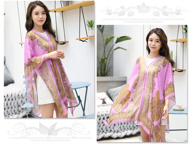 Shawl Cycling Beach Multi-Purpose Diverse Silk Scarf Chiffon Printed UV-Proof Paisley Pearl Shawl Sunscreen Shawl