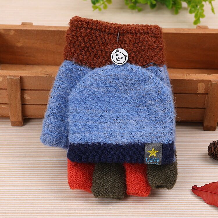 Autumn winter children's gloves half-finger flip to keep warm children primary school write baby boy girl fingerless gloves