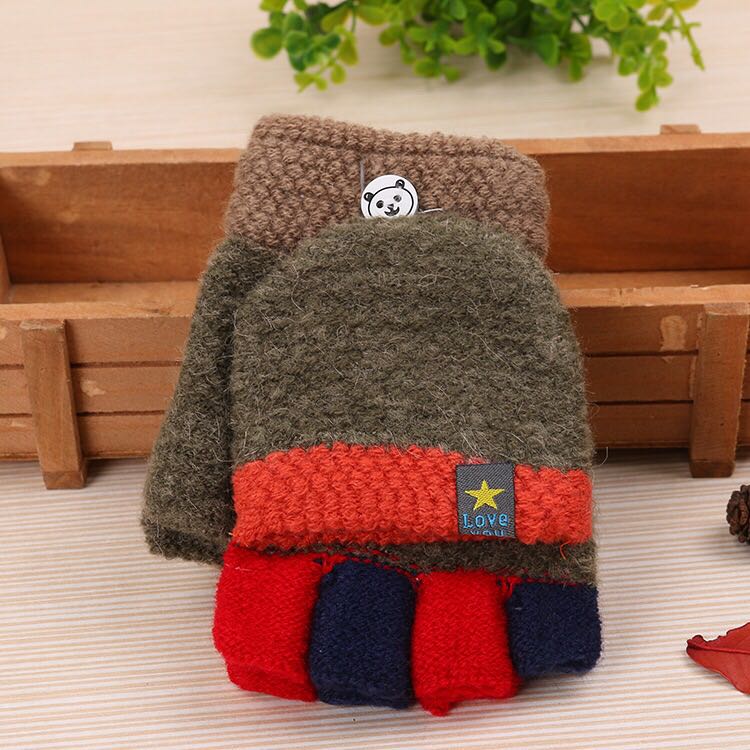 Autumn winter children's gloves half-finger flip to keep warm children primary school write baby boy girl fingerless gloves