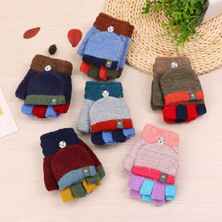 Autumn winter children's gloves half-finger flip to keep warm children primary school write baby boy girl fingerless gloves